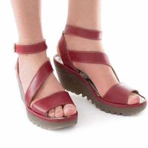 Fly London YESK Red Leather Strappy Wedge Sandals | Comfort Platform Heels